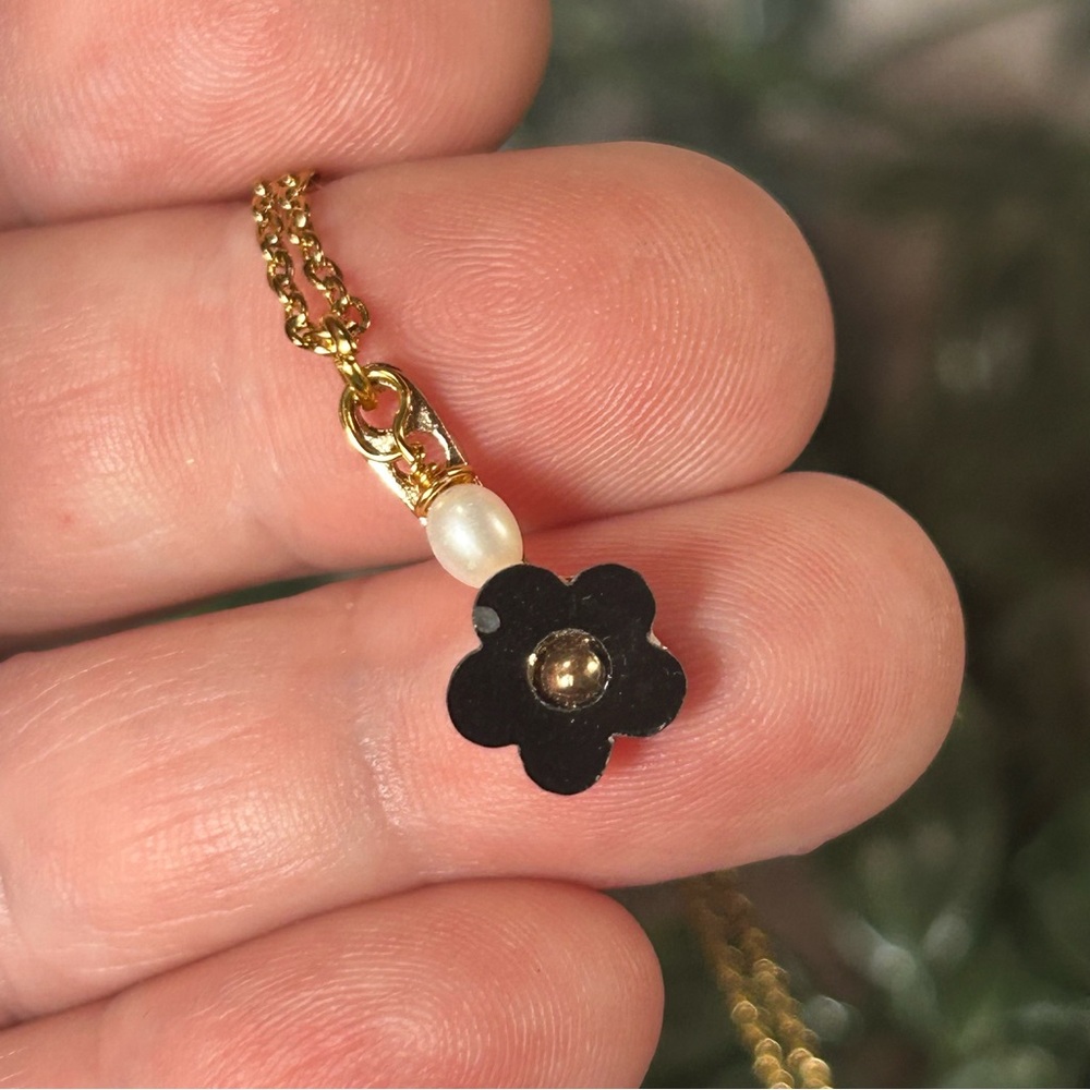 Handcrafted salvaged vintage black floral genuine pearl dangle on chain necklace